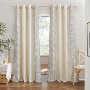 Custom Linen Boho Curtains Added Embroidered Pattern Bordered Rustic Light Filtering Curtains